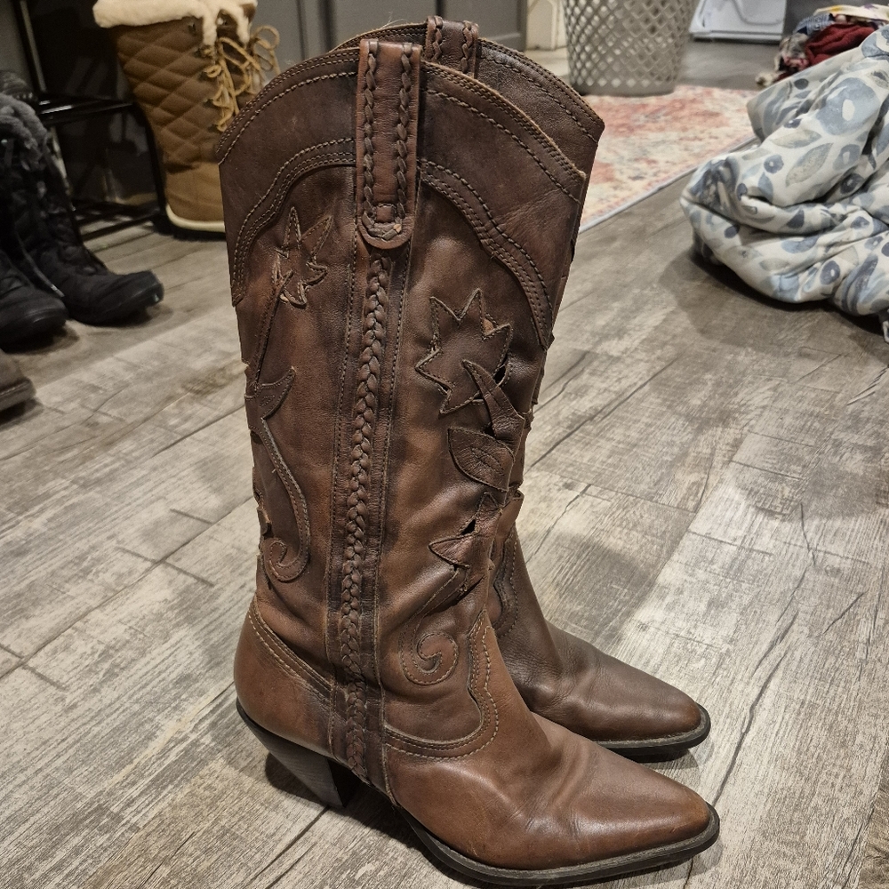 White Mountain Santa Fe Brown Leather Cut Out Western Boots Womens Size 8.5